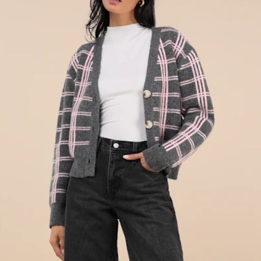 NWT • Lulus • Charcoal Grey and Pink Plaid Cardigan - Picture 2 of 10